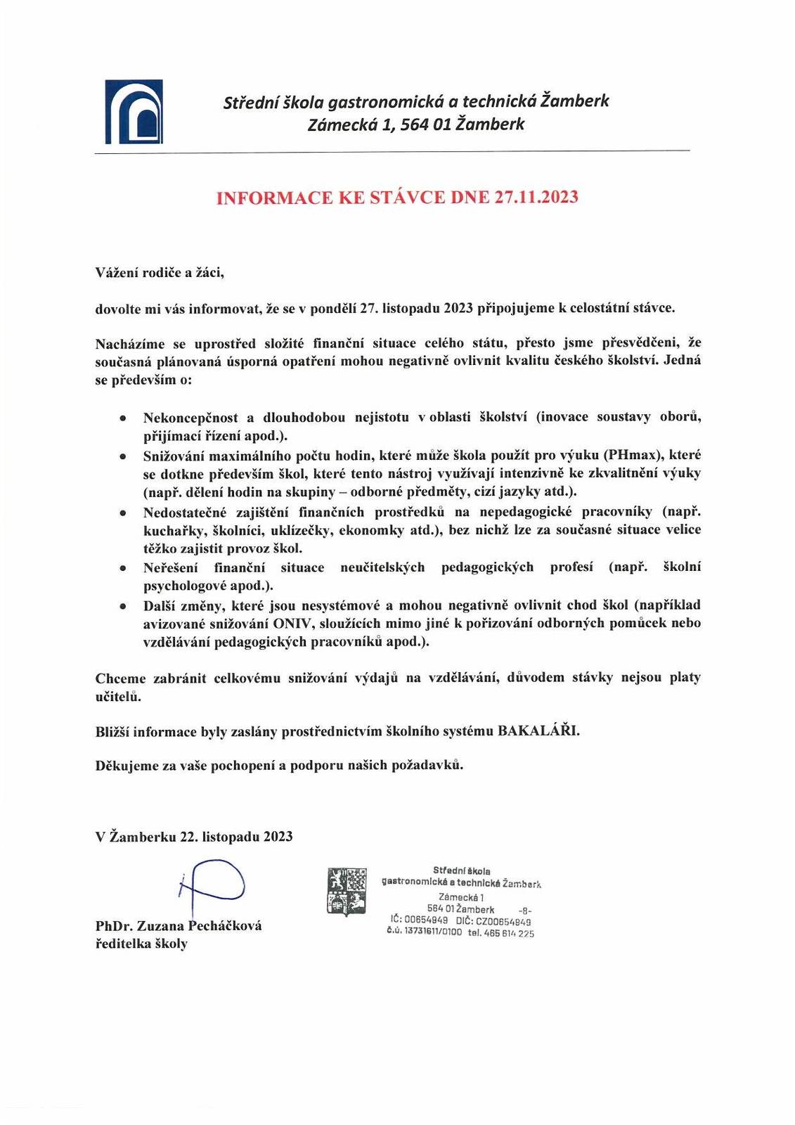 Informace ke stávce