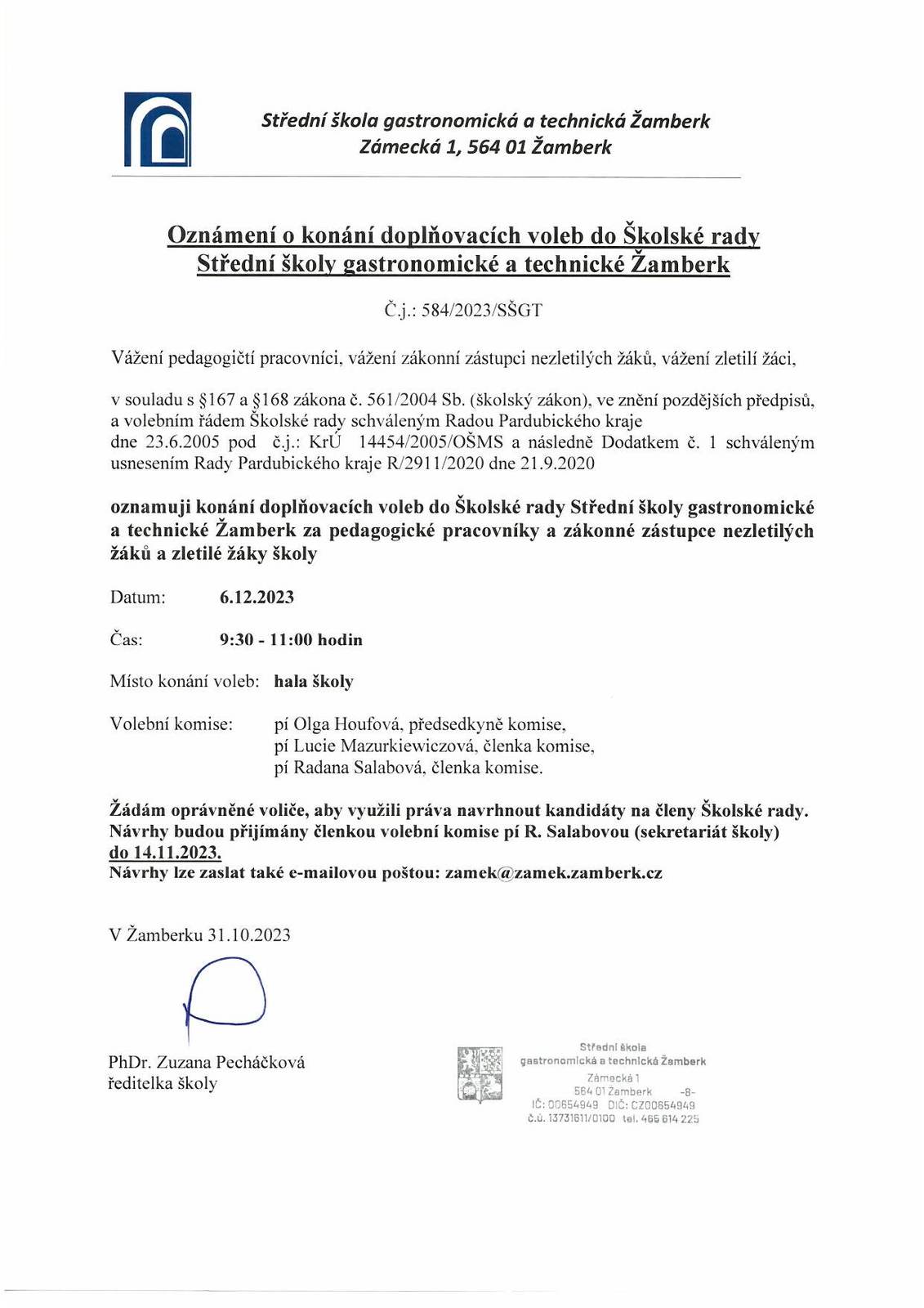 Oznámení o konání doplňovacích voleb do Školské rady SŠGT Žamberk.jpg