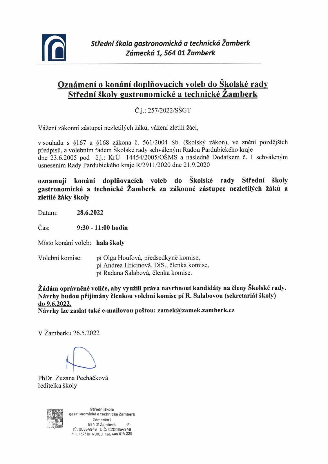 Oznámení o konání doplňovacích voleb do Školské rady SŠGT Žamberk.jpg